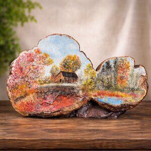 Vintage Hand Painted Landscape Art on Burl Wood Slab, Unique Folk Art Painting